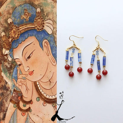 Elegant Dunhuang-Style Blue & Red Natural Stone Beaded Hook Earrings