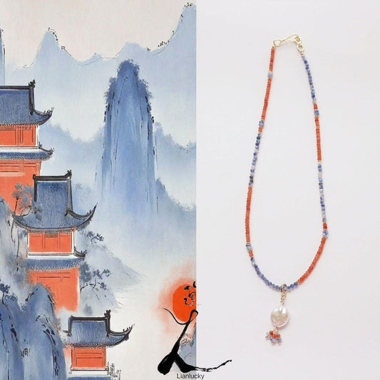 Dunhuang Vintage Style Necklace Pendant with Natural Stone Beads | Orange-Blue Landscape Freshwater Pearls