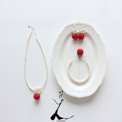 New 925 Silver Freshwater Pearl Necklace with Cute Red Strawberry Earrings and Sweet Bracelet