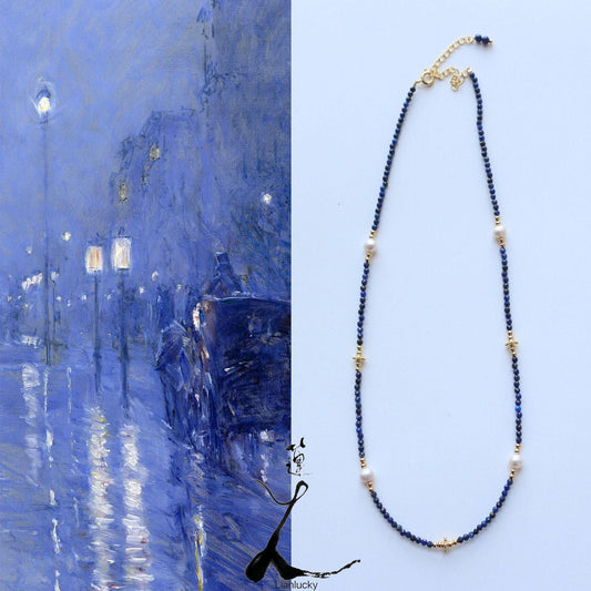 Blue Lapis Lazuli Fine Beaded Necklace | Freshwater Pearl Handmade Jewelry