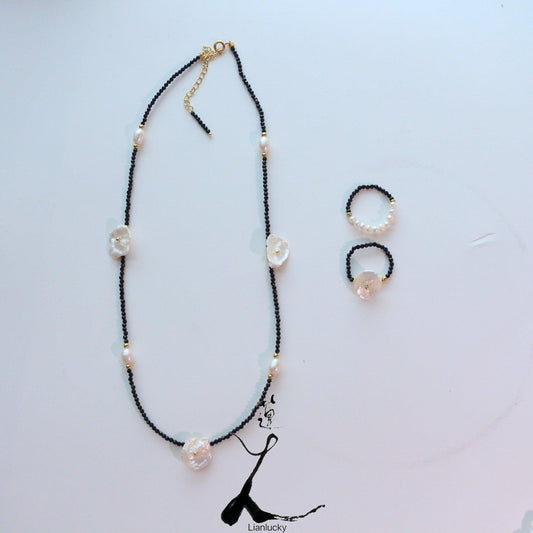 Simple Sweet Cool Style Natural Stone Black Spinel Beaded Fine Necklace Flower Pearl Ring Collarbone Chain