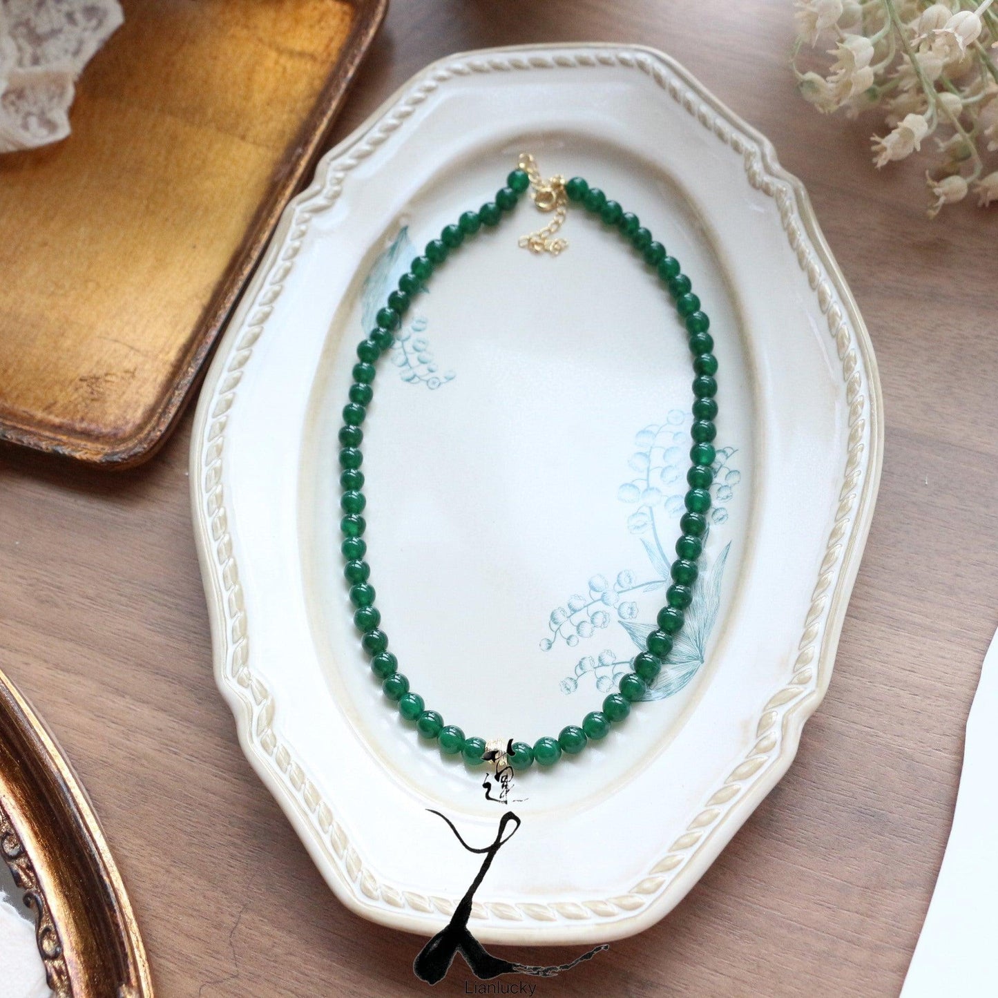 New Chinese Natural Green Agate Chalcedony Beaded Necklace | Niche Design Jewelry