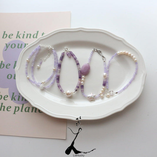 Purple Jade Double Layer Necklace with Natural Freshwater Pearls | Star Pendant Bracelet Ring Set