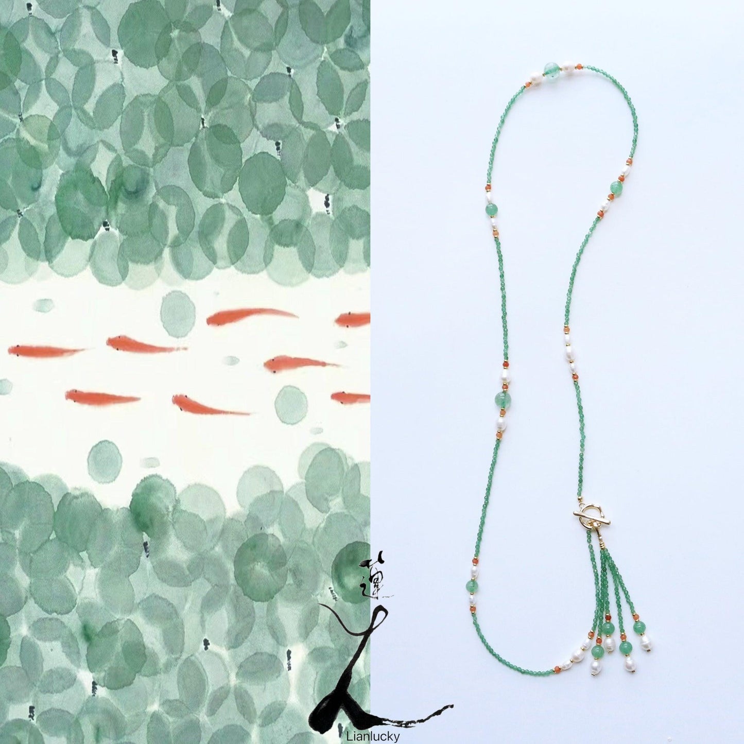 Fresh Jiangnan Green Strawberry Crystal Red Orange Agate Green Dongling Natural Stone Beaded Long Tassel Sweater Necklace