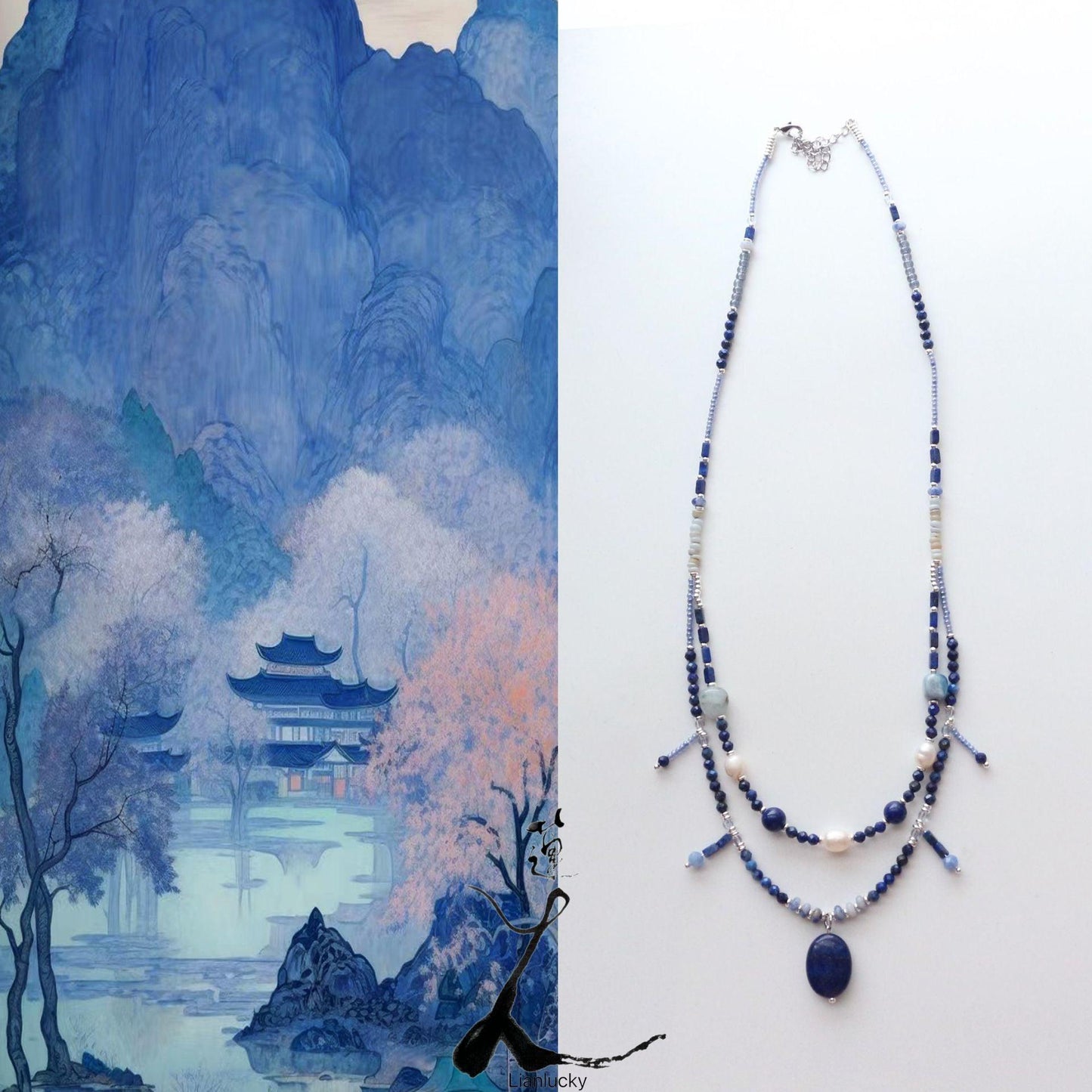 Natural Lapis Lazuli Shell Piece Blue Crystal Double Layer Necklace - Niche Beaded Necklace