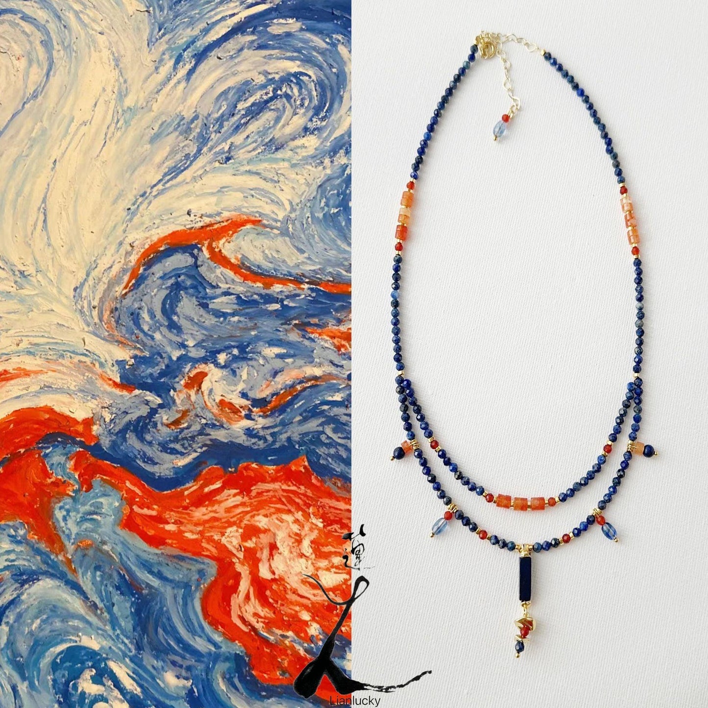 Lapis Lazuli Agate Dunhuang Double-Layer Natural Stone Beaded Necklace - Handmade Niche Design