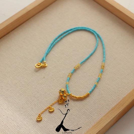 New Chinese Ethnic Style Beaded Turquoise and Golden Gourd Pendant Necklace