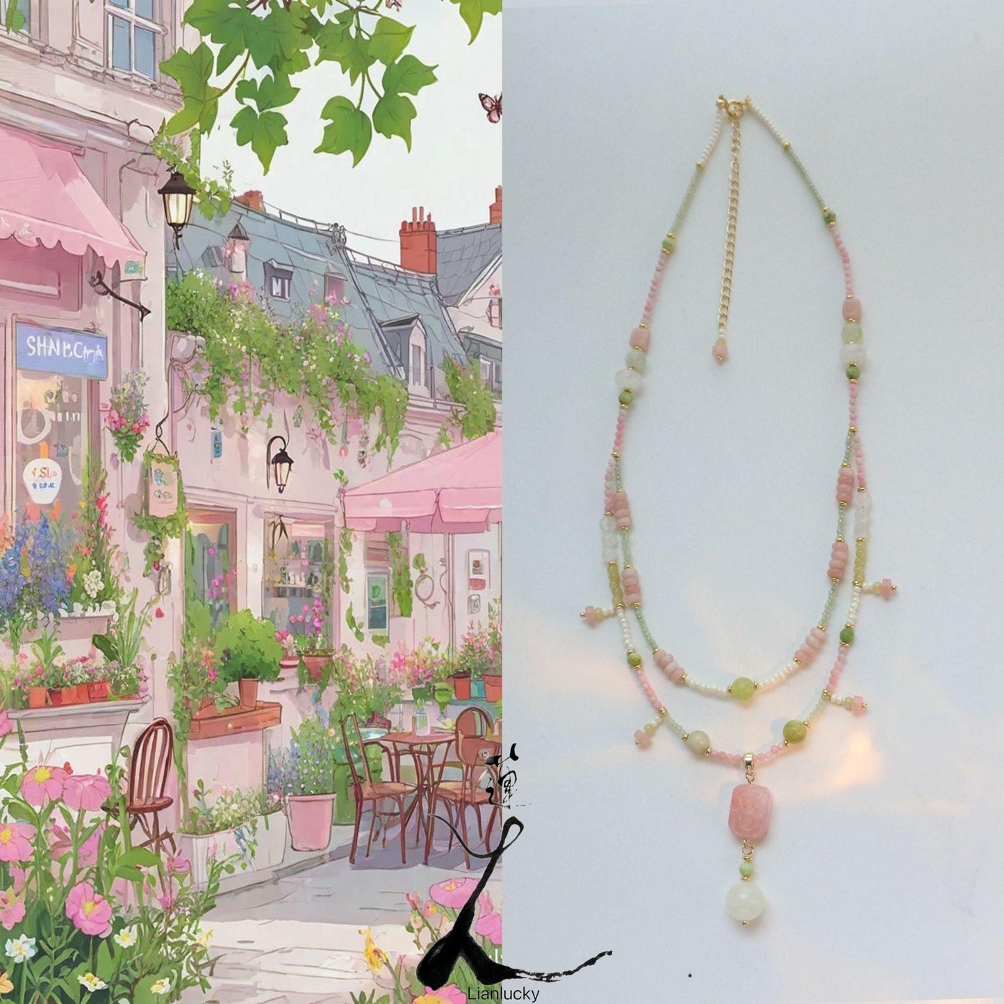 Pink Opal & White Crystal Shaflay Glaze Jade Necklace Bracelet Set – Double Layer Palace Style Natural Stone Pendant