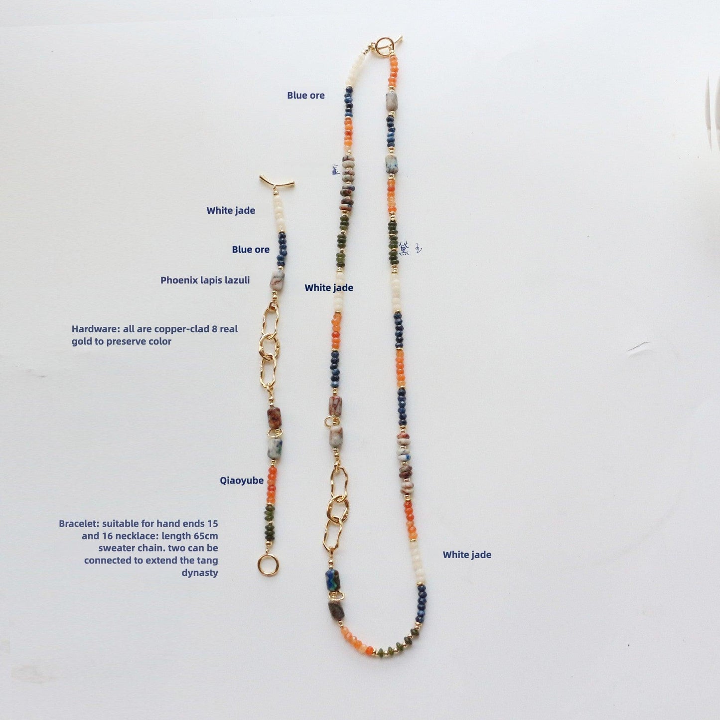 Autumn and Winter Handmade Long Necklace Featuring Agate, White Jade, Blue Stone, and Phoenix Lapis Lazuli