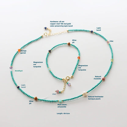 Raw Turquoise & Magnesite Turbinado Fine Necklace – Mixed Color Natural Stone Beads