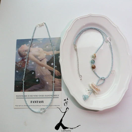 New Chinese Style White Crystal Pendant Necklace with Gradient Fluorite, Aquamarine Beads, Freshwater Pearl Choker