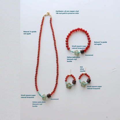 Hetian jade turquoise pear wood natural 7A grade red agate beads necklace collarbone chain sweater chain creative bracelet earrings collection