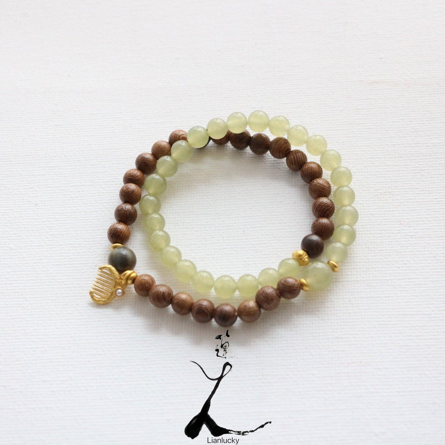 Zen-Inspired Wooden Beads & Jade Stone Color Block Double Layer Stackable Bracelet – Vintage Luxurious Elegant Hand Jewelry