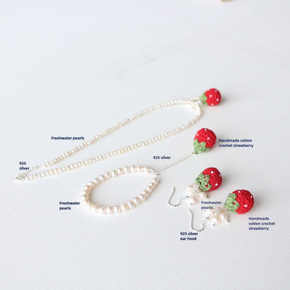 New 925 Silver Freshwater Pearl Necklace with Cute Red Strawberry Earrings and Sweet Bracelet