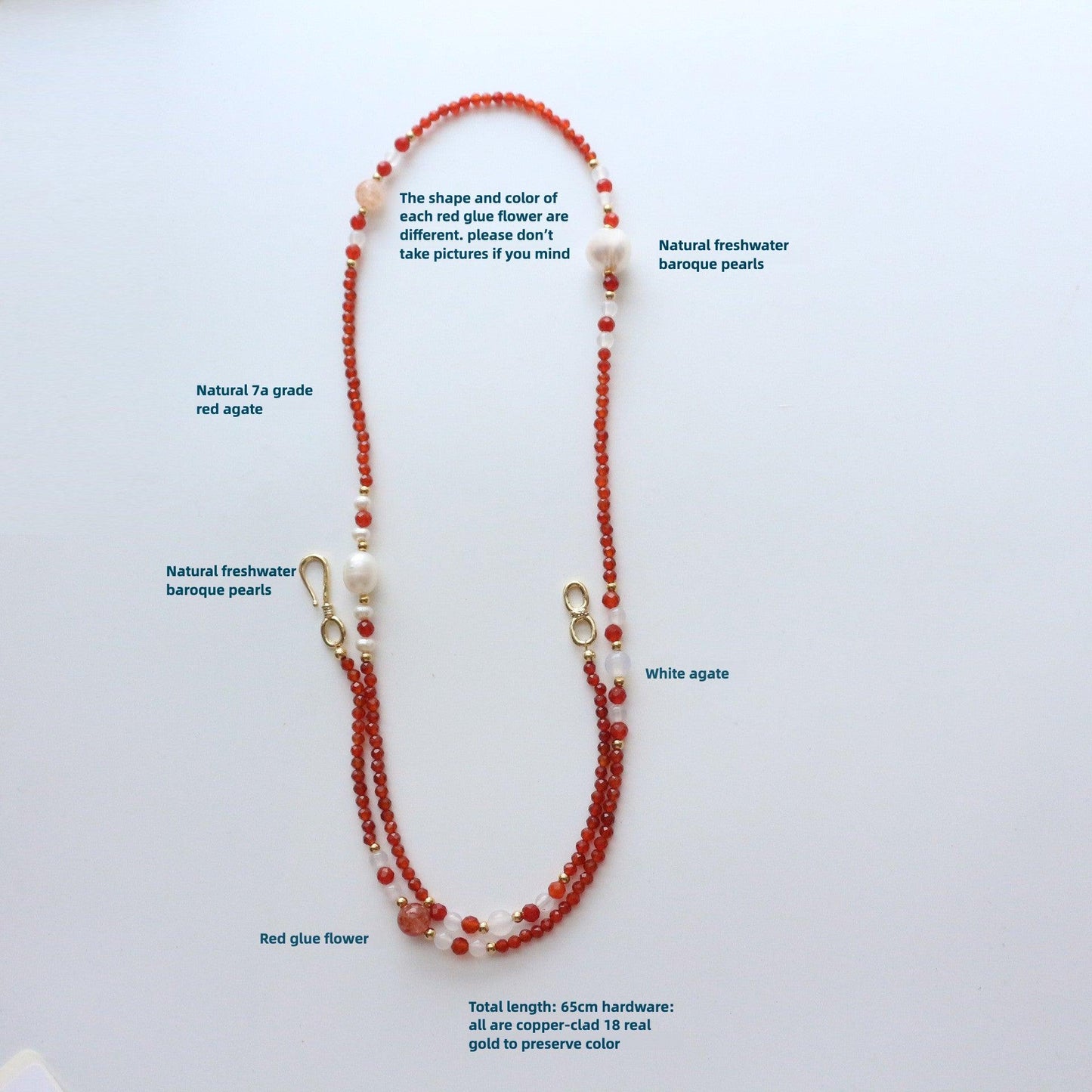 Handcrafted Vintage White Agate and Red Agate Sweater Chain with Red Resin Flower and Pearl Bead Necklace – Versatile Long Neck Chain