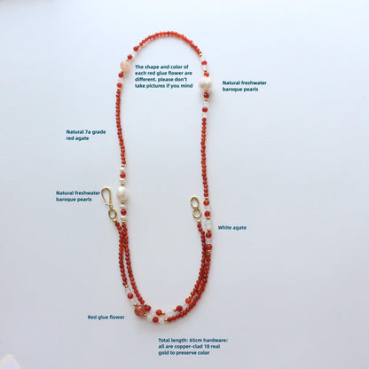 Handcrafted Vintage White Agate and Red Agate Sweater Chain with Red Resin Flower and Pearl Bead Necklace – Versatile Long Neck Chain