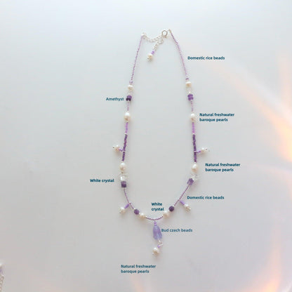 Fashionable Minimalist Amethyst Bud Pendant Necklace with Freshwater Pearls