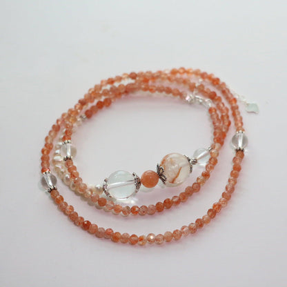 Vintage Natural Sunstone & White Crystal Beaded Necklace – S925 Sterling Silver, Freshwater Pearls, Long Sweater Chain