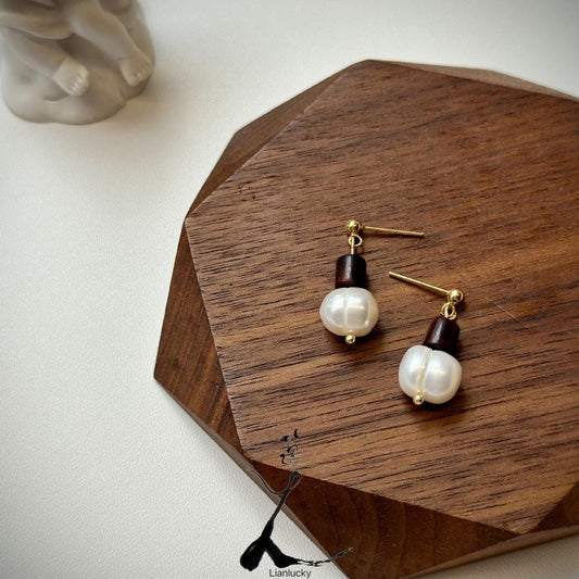 Sandalwood Bead Baroque Natural Pearl Earrings - Vintage Light Luxury Handmade Jewelry