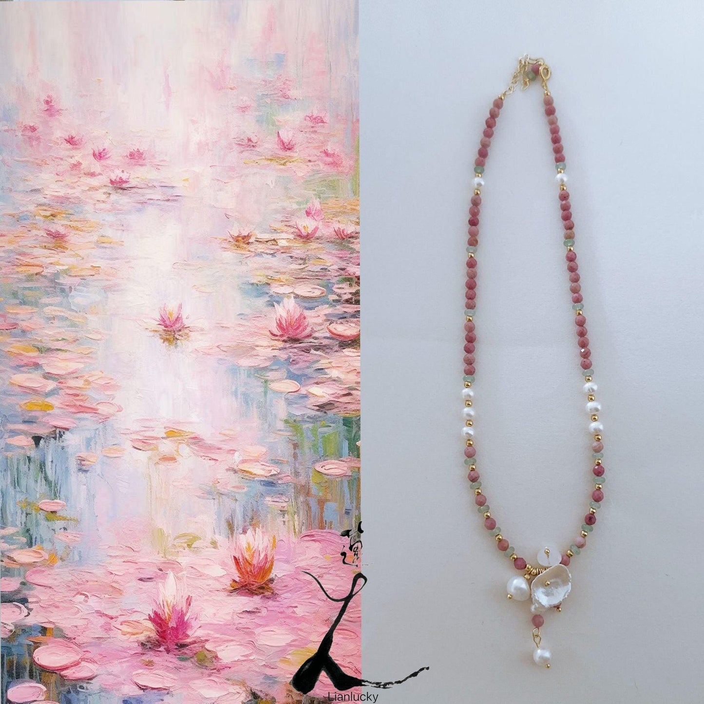 New Water Lily Color Series Petal Pearl Handmade Beaded Chain Necklace