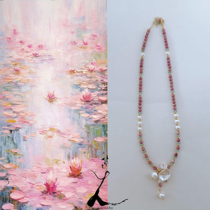 New Water Lily Color Series Petal Pearl Handmade Beaded Chain Necklace