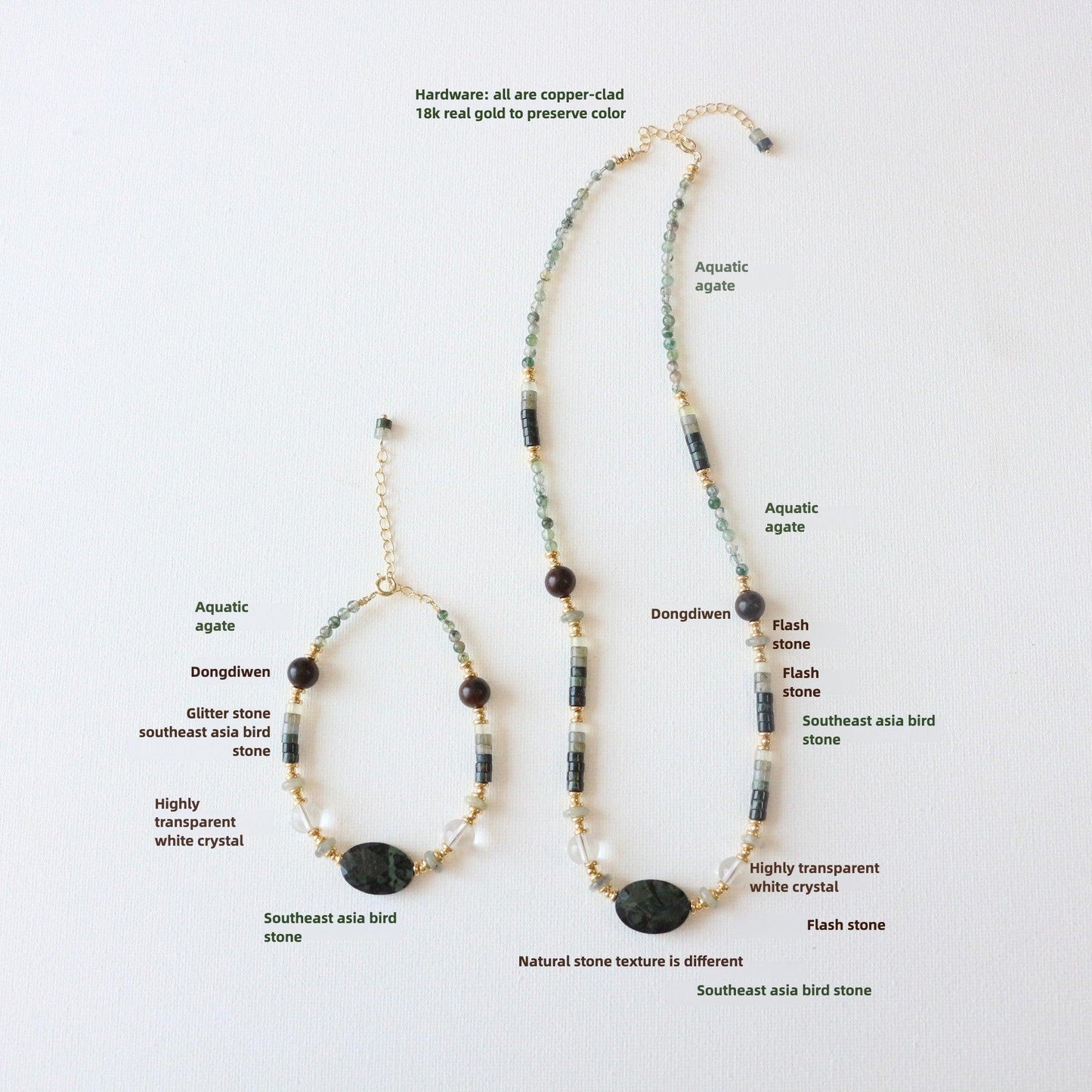 Natural Quail Stone & White Crystal East Timor Shimmering Stone Bead Necklace – Water Grass Agate Clavicle Chain & Bracelet Set