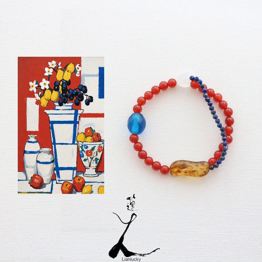 Mondrian Color Matching Bracelet – Antique Lucite Beads, Agate, Nepalese Lucite, Triple Primary Color String, Lapis Lazuli