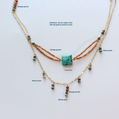 Unique Layered Orange Garnet Beaded Necklace - Dunhuang Style Fashionable Natural Turquoise Choker