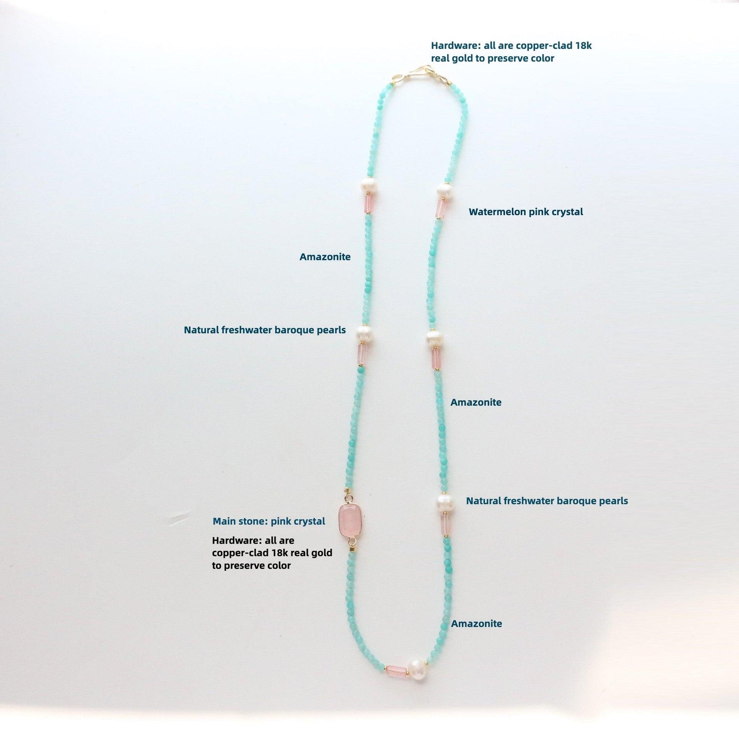 New Tianshan Green Meets Peach Pink Crystal Natural Stone Beaded Long Necklace – Original Design