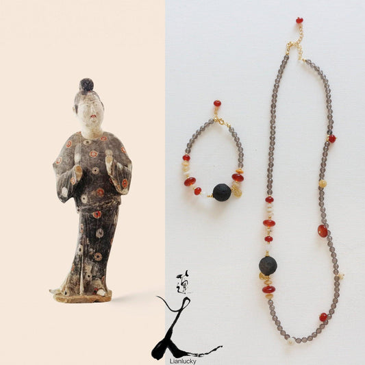 Natural Tea Crystal Yellow Jade Necklace and Red Agate Bracelet - Chinese Style Jewelry