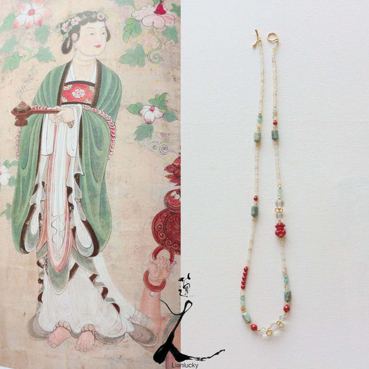 Dunhuang Series Natural Turquoise, Emperor Sand, and White Crystal Beaded Necklace – Elegant and Unique Design