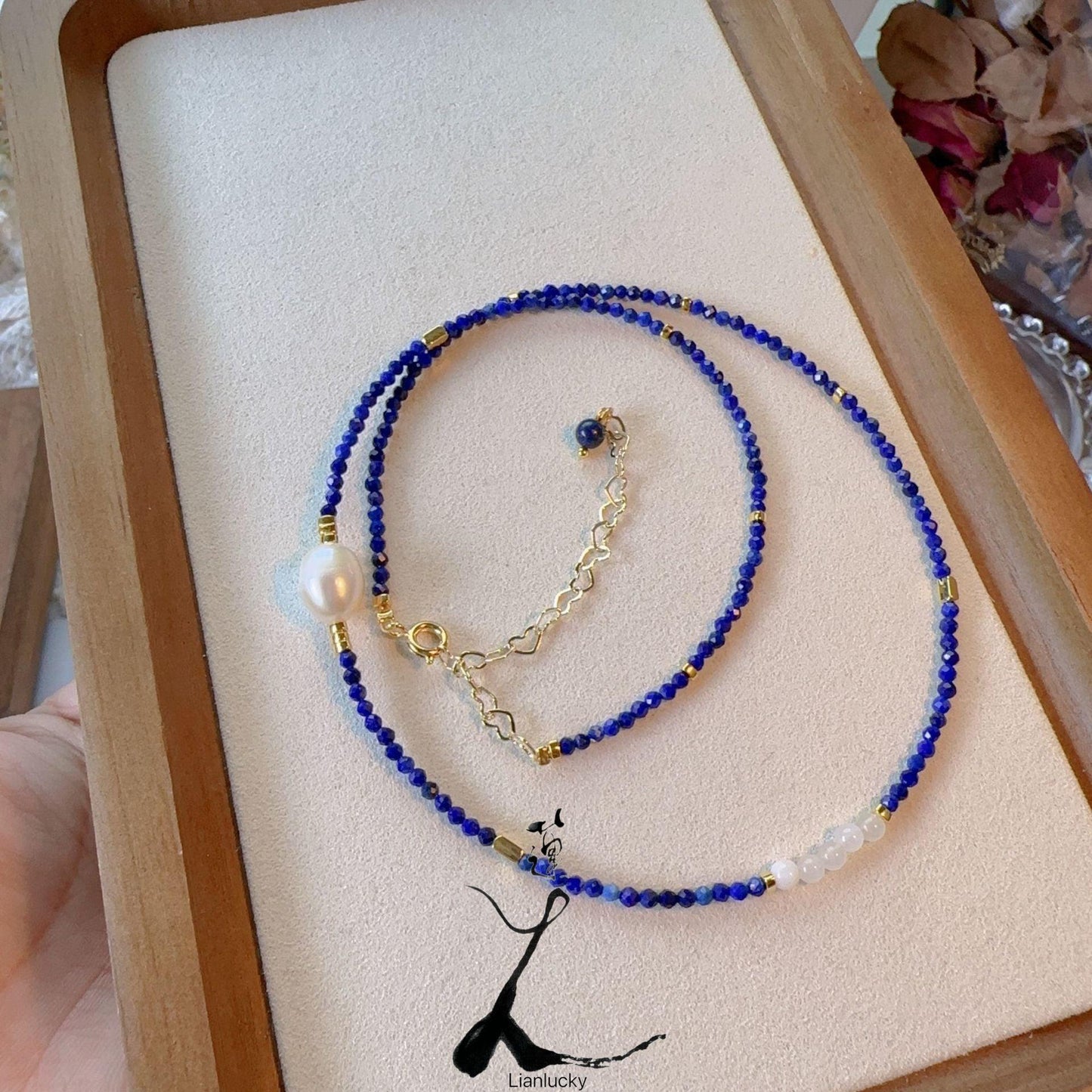 Lapis Lazuli Agate Pearl Dunhuang Natural Stone Beaded Necklace – Handmade Niche Ink-Wash Style Choker