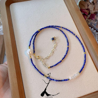 Lapis Lazuli Agate Pearl Dunhuang Natural Stone Beaded Necklace – Handmade Niche Ink-Wash Style Choker