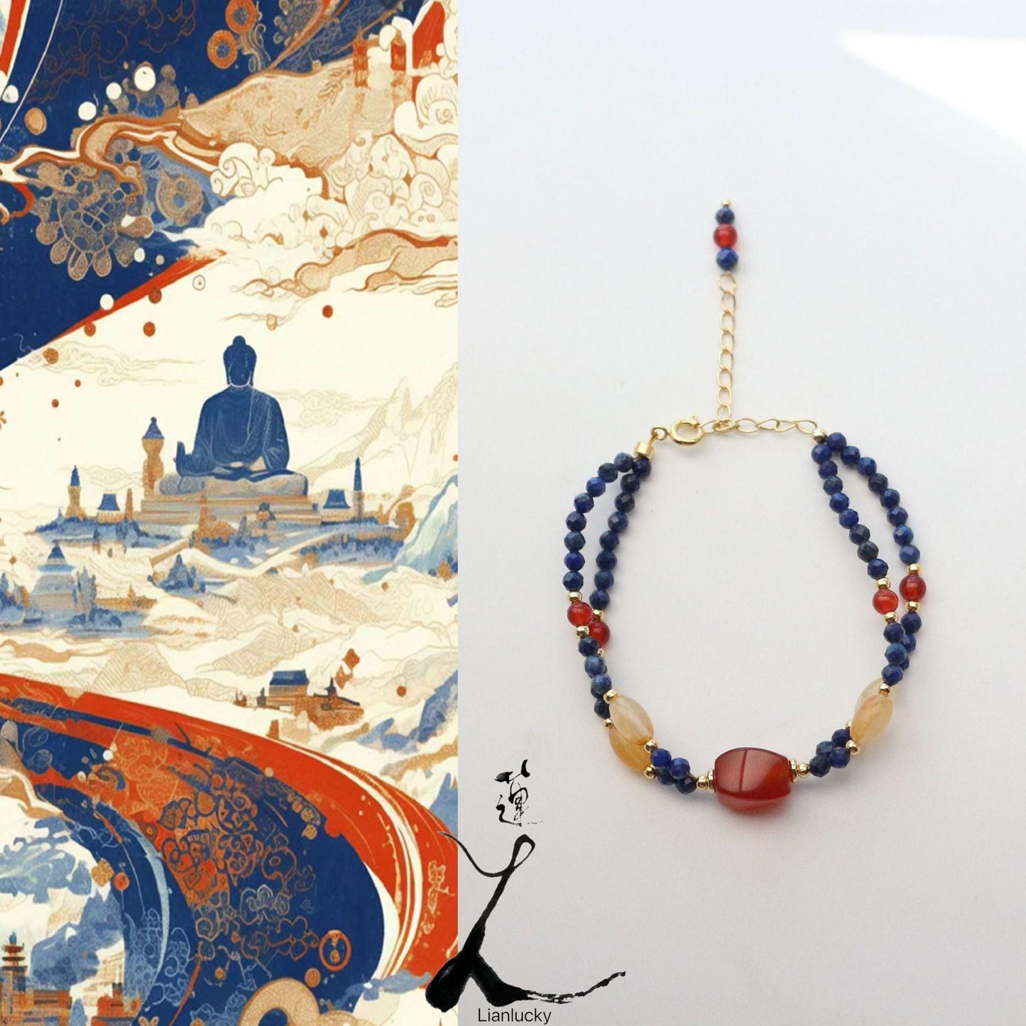 New Chinese Ethnic Style Lapis Lazuli & Yellow Crystal Bracelet – Dunhuang Style Red Agate Beaded Ring