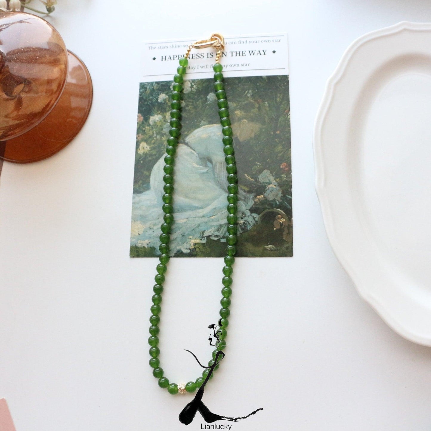 Vintage Emerald Necklace – Natural Stone Beaded Choker with Minimalist Design