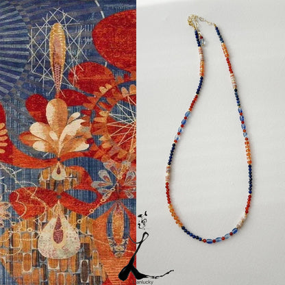 Lapis Lazuli Dunhuang Ink Theme Blue & Orange Mixed Natural Stone Beads Handmade Necklace