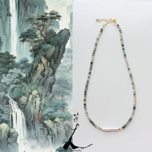 Natural Water Grass Agate Clavicle Chain – Small Silver Stick Bead Necklace Handmade