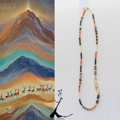 Autumn and Winter Handmade Long Necklace Featuring Agate, White Jade, Blue Stone, and Phoenix Lapis Lazuli