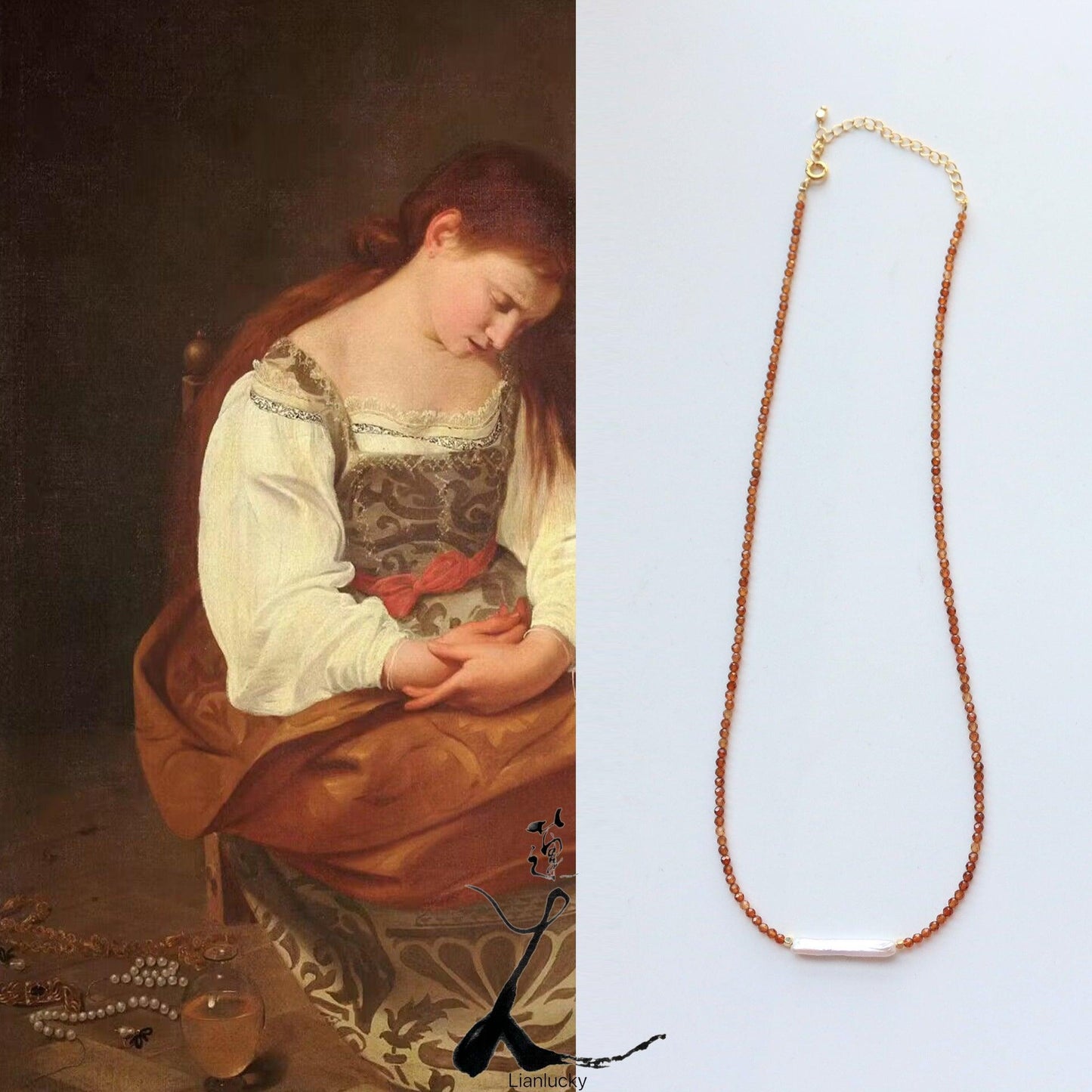 Minimalist Baroque Pearl & Orange Garnet Necklace – Unique Gradual Orange Choker Chain