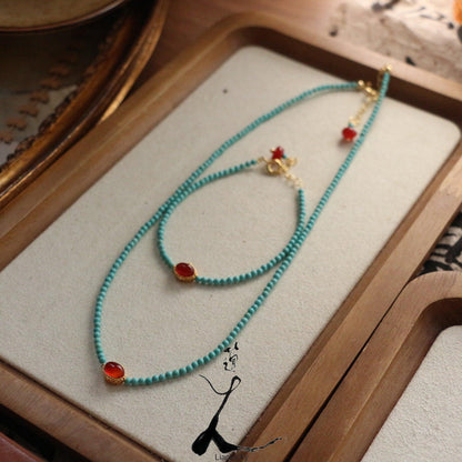 New Chinese Style Natural Turquoise Beaded Red Agate Necklace Bracelet Collarbone Chain