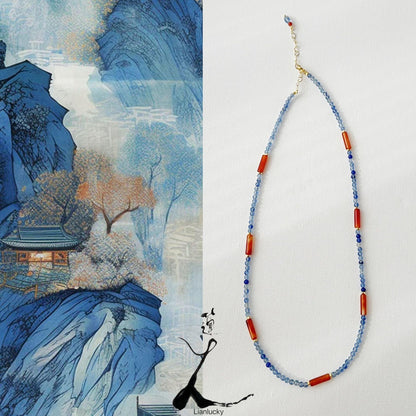 Natural Stone Beaded Necklace - Handmade Original in Blue and Orange Watercolor Mountain Style