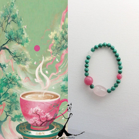 Natural Tibet Red Stone, Tiger's Eye, Dongling Jade, Pink Crystal & Green Malachite Beaded Bracelet & Ring Set