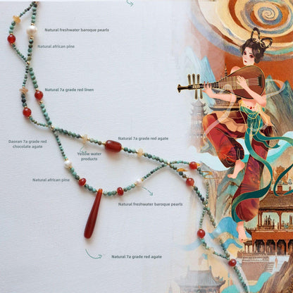 Dunhuang Necklace – Double Layer Vintage Agate & Raw Turquoise Beaded Long Ethnic Style