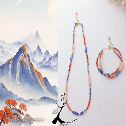 Orange-Blue Color Block Beaded Necklace | New Chinese Style