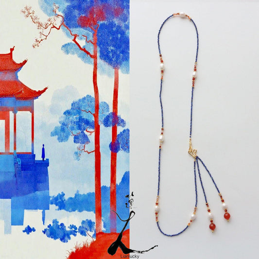 Natural Stone Necklace – Lapis Lazuli and Red-Orange Agate in Dunhuang Colors with Baroque Pearls – 75cm Tassel Pendant Sweater Chain