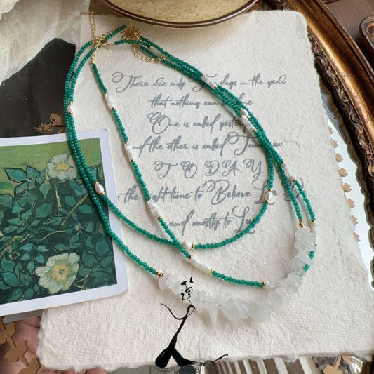 New Chinese Green Natural Stone Beaded Necklace - Niche Ethnic Style Collarbone Chain