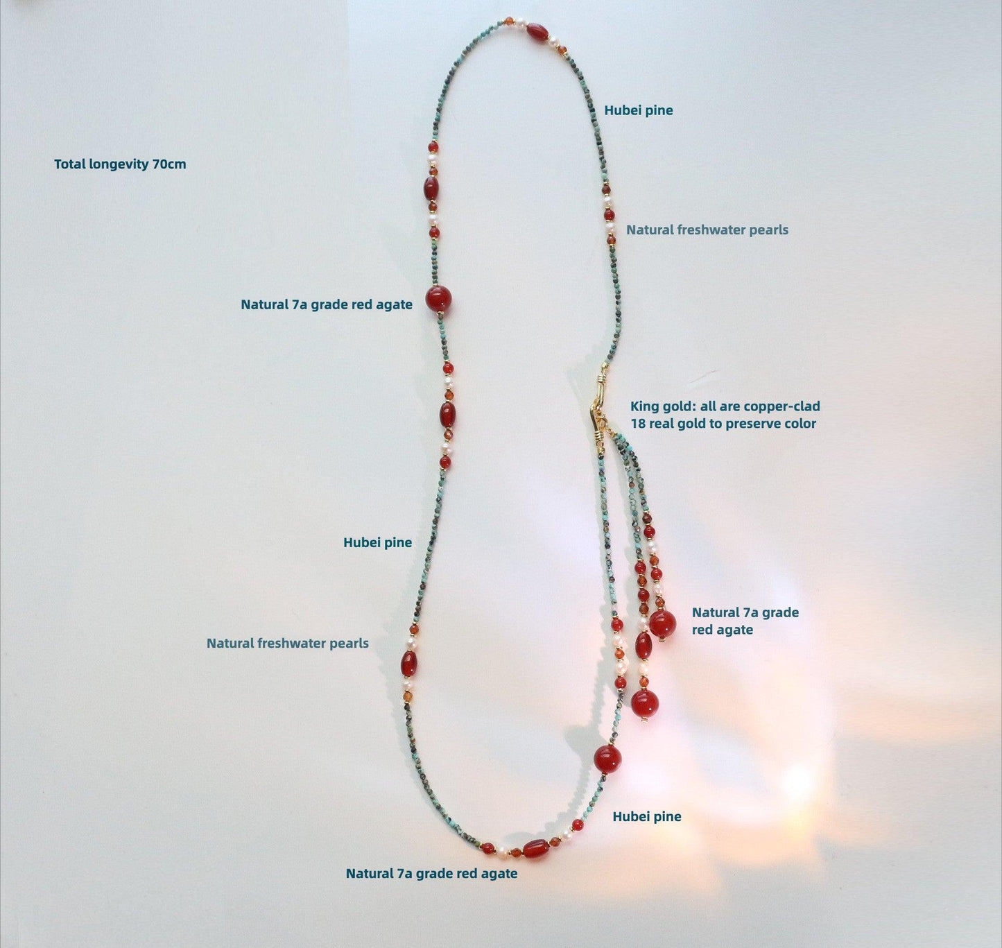 Dunhuang Hand-Beaded Natural Turquoise & Red Agate Necklace with Freshwater Pearl Sweater Chain