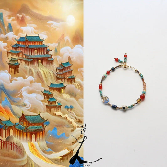 Vintage Dunhuang Style Natural Stone Beaded Bracelet, Ring & Necklace Set – Turquoise, Orange Garnet & Red Agate