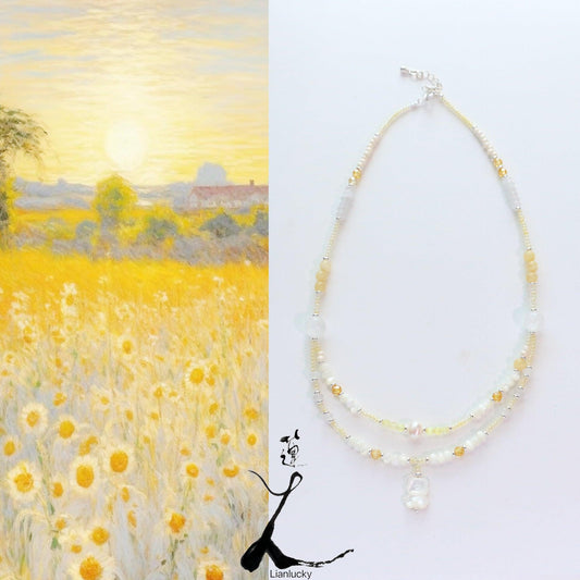 Light Yellow Color Matching Cat's Eye Stone White Jade Zircon Topaz Beaded Chain Double Necklace Shell Bear Jewelry Handmade Collarbone Chain