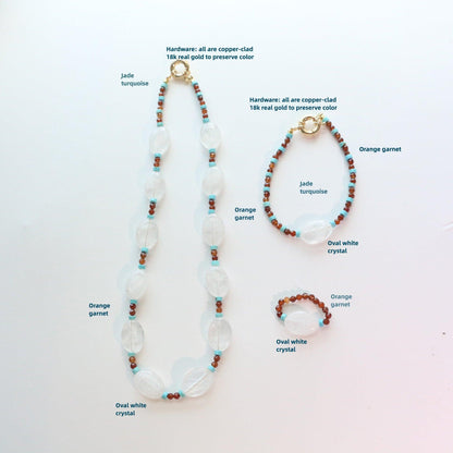 Oval White Crystal Natural Turquoise Beaded Handmade Necklace Ring Bracelet Set